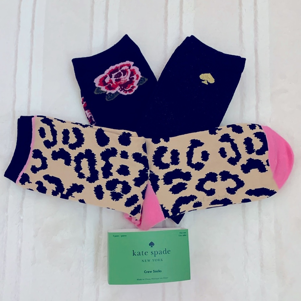 Kate Spade NY Crew Socks 3 Pairs One Size Leopard Roses Black